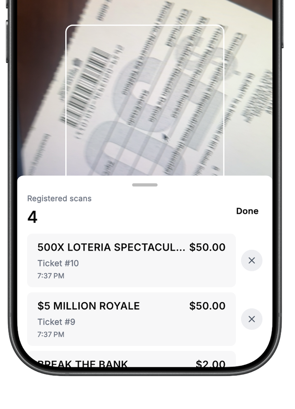 Pexelink app scanning lottery tickets with a list of registered scans and ticket details