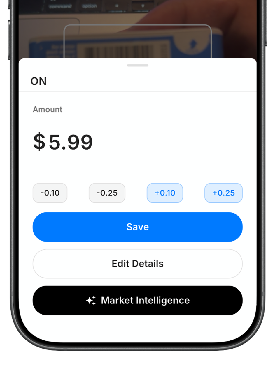Pexelink app showing a scanned item with price, quick adjustments, and save options