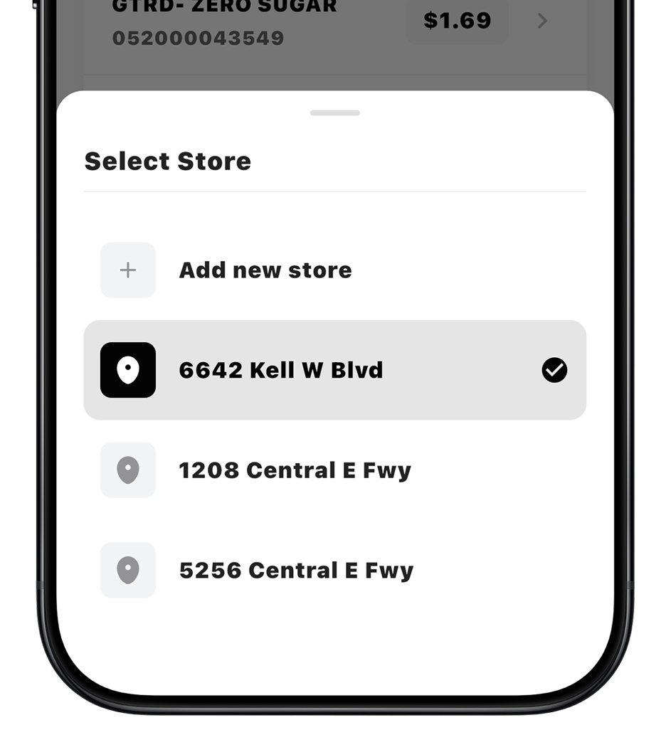 Pexelink app showing store selection with multiple locations