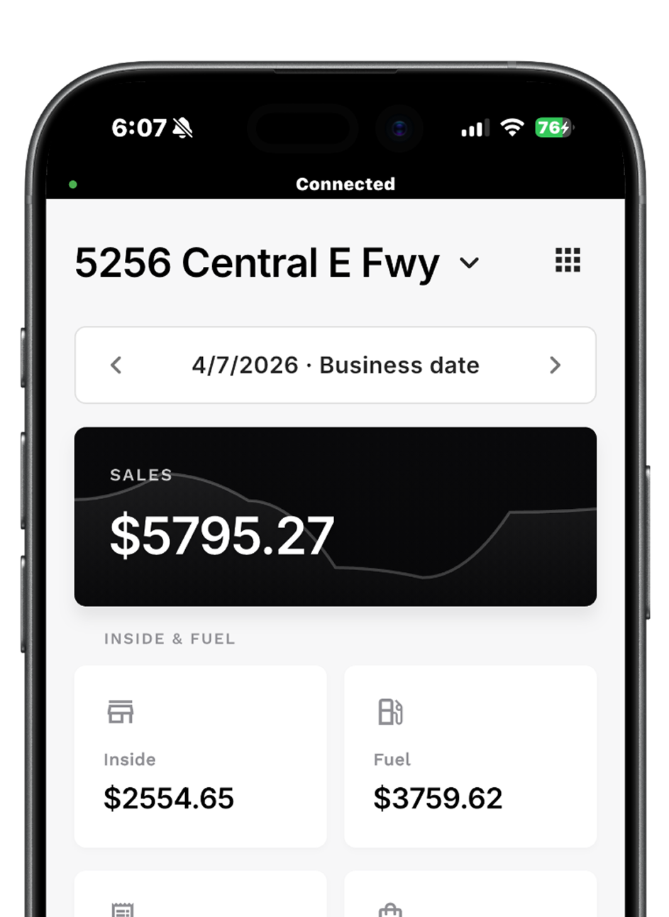 Pexelink app showing sales summary, business date, and inside versus fuel breakdown